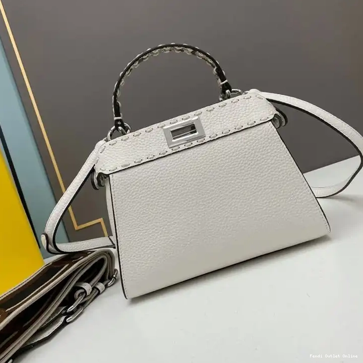 Cheap Fendi Calf Stitching Iconic Leather White Bag In Peekaboo Mini 0614